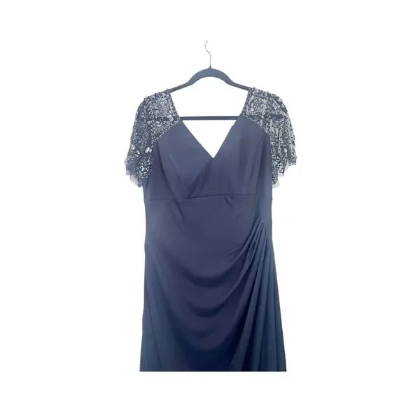 Xscape Short Beaded Sheer Flutter Sleeve Cascading Draped Waist Beaded Gown 12